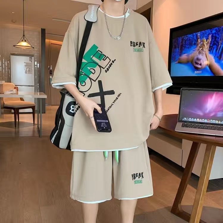 Shirt Camp Collar - ชุดกีฬาลำลอง 2 ชิ้นสำหรับผู้ชาย ชุดแฟชั่นสตรีทแวร์ เสื้อยืดและกางเกงขาสั้น ชุดแคมป์ปิ้ง