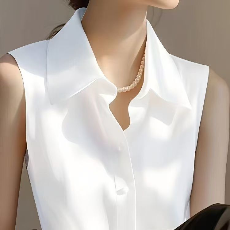 Shirt Camp Collar - เสื้อกล้ามแขนกุดคอปกโปโลซาตินฝรั่งเศสสําหรับผู้หญิงในฤดูใบไม้ผลิและฤดูร้อนใหม่เสื้อลําลองอเนกประสงค์