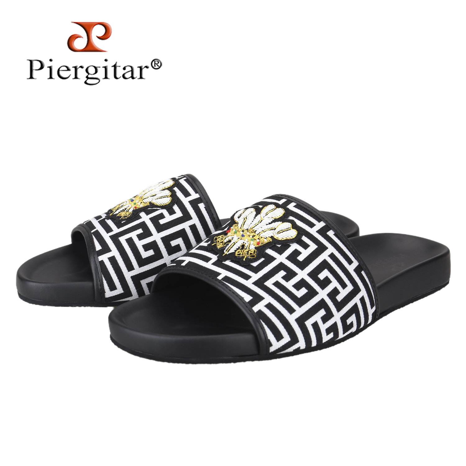 Flip Flop Leather Men - รองเท้าแตะผู้ชายลายพิมพ์ขาวดำรุ่น Piergitar Summer พร้อมป้ายแฮนด์เมดแบบกำหนดเอง สไตล์หรูหรา แฟชั่น