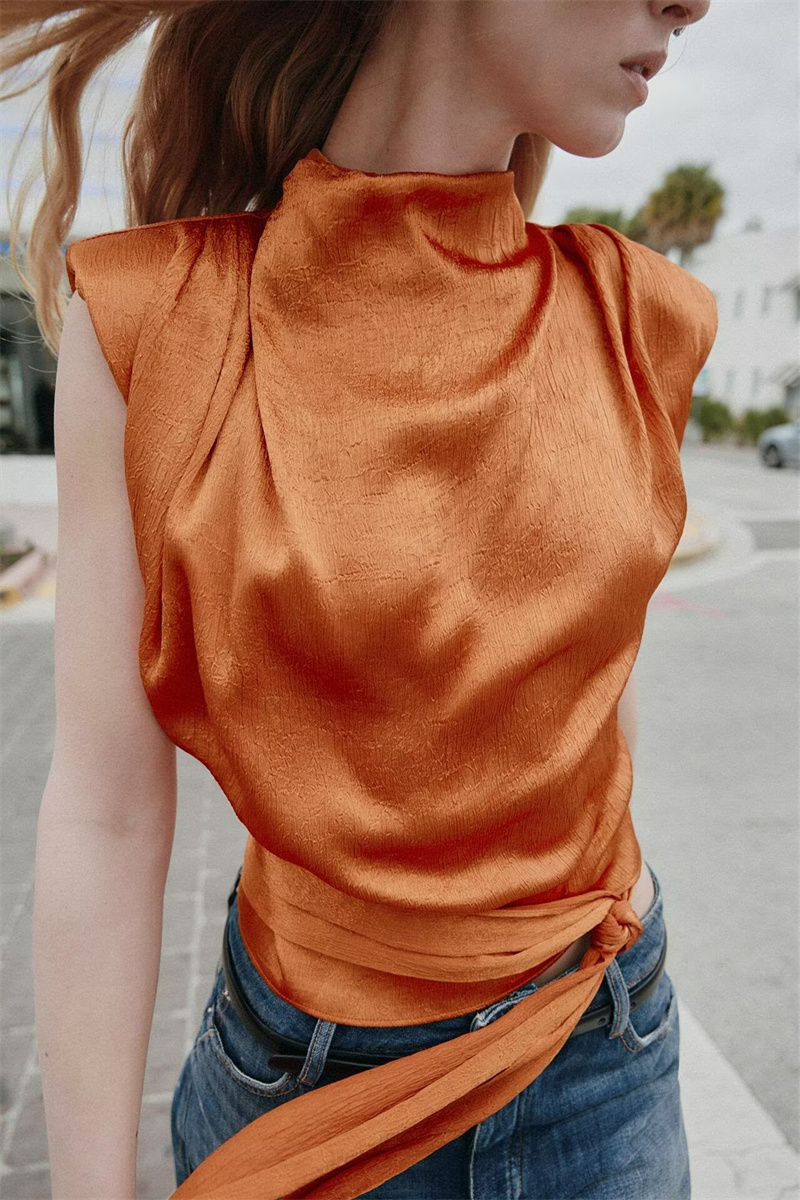 เสื้อครอปแขนกุดคอปกผ้าซาติน, เ - Shirt Camp Collar บทวิจารณ์และราคา